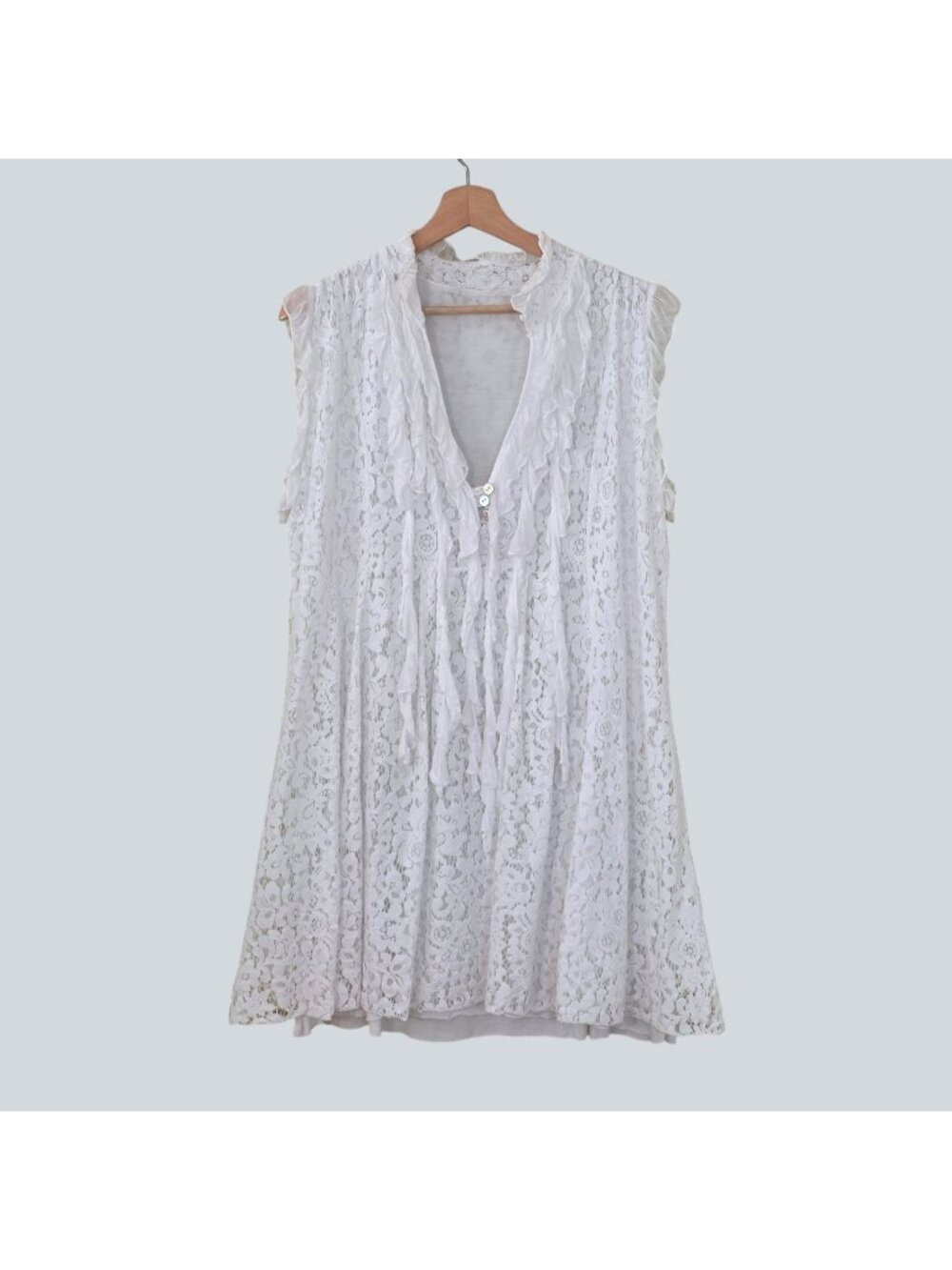 Coquette White Floral Lace Tunic Dress M/L Ruffle V Neck Coastal Romantic Italy